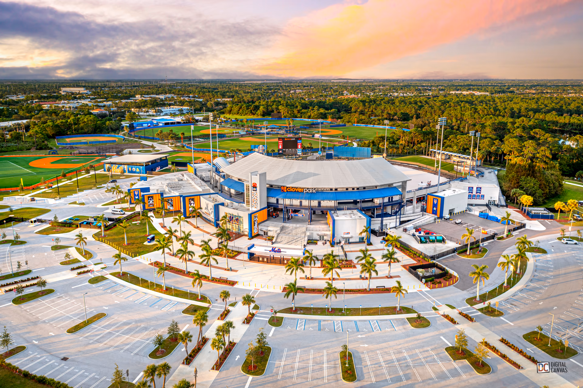 Aerial view of Clover Park, the New York Mets spring training facility, at sunrise in Port St Lucie, St. Lucie County, Florida